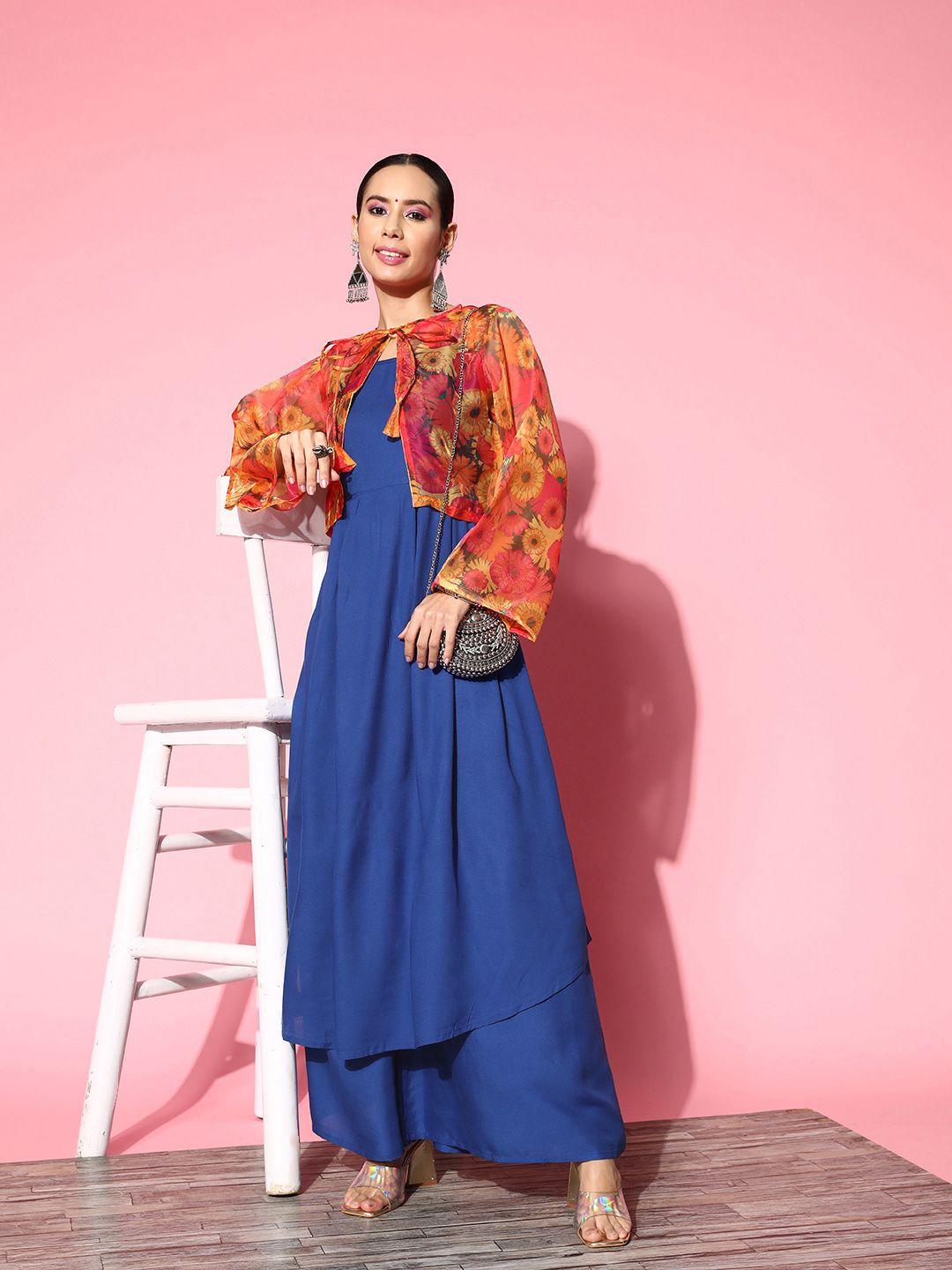 inweave solid shoulder straps pleated kurta with palazzos & with jacket