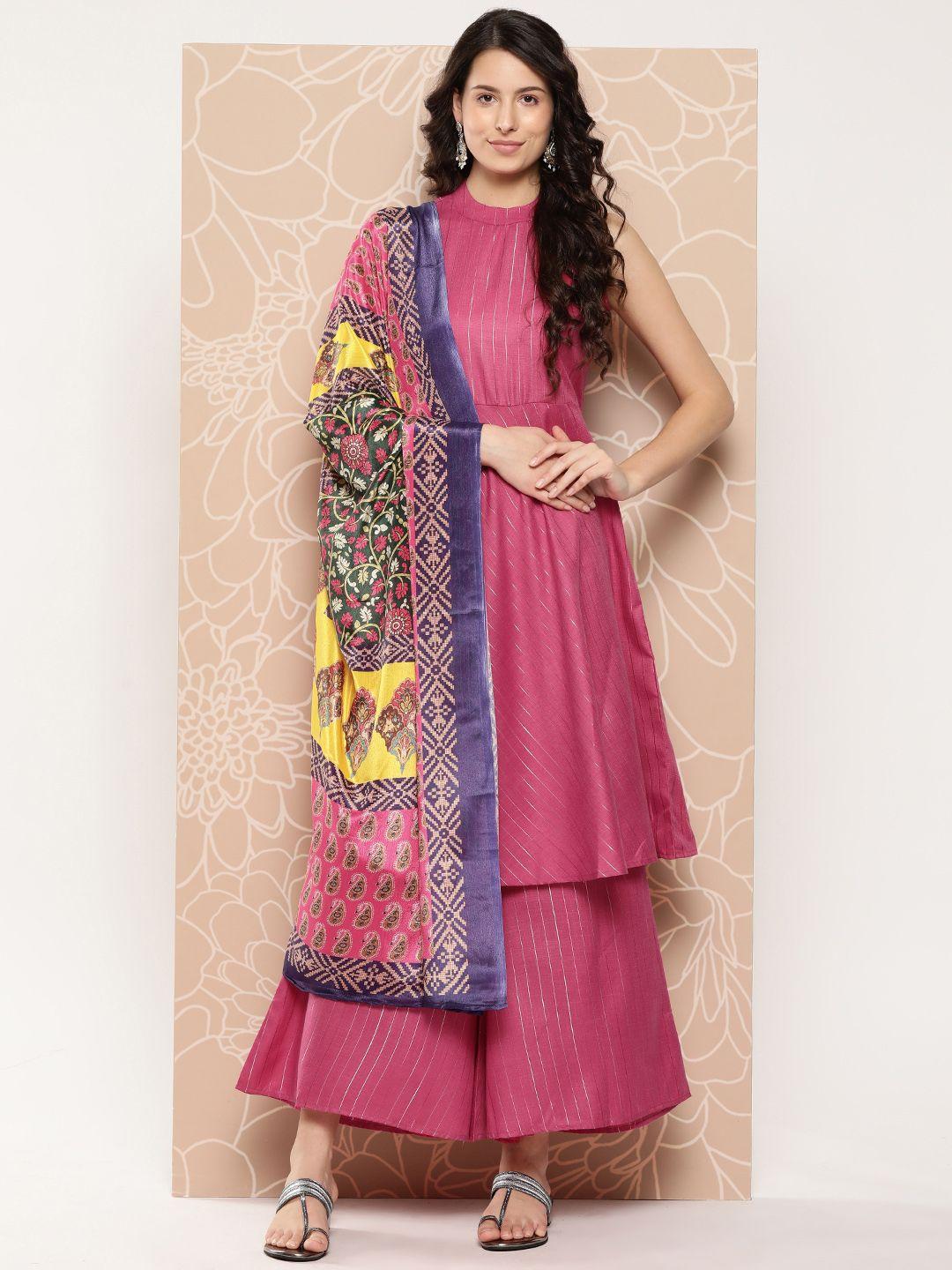 inweave striped gathered detail a-line kurta with palazzos & dupatta