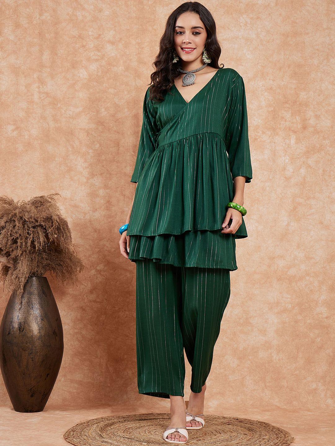 inweave striped v-neck angrakha a-line kurti with trousers