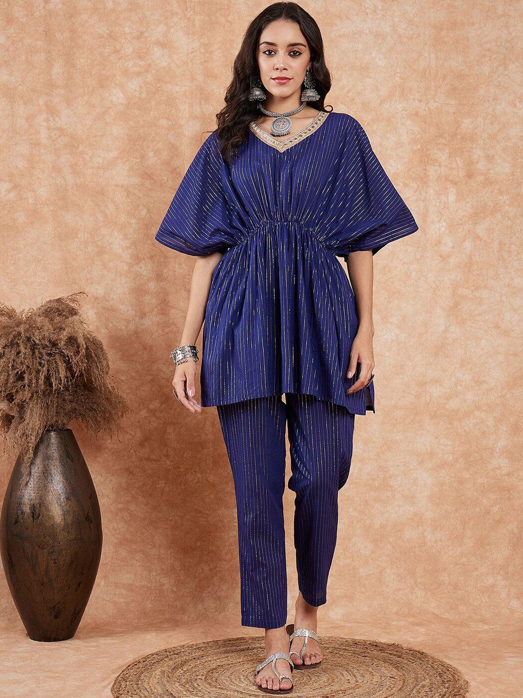 inweave striped v-neck thread work kaftan fusion kurti with trousers