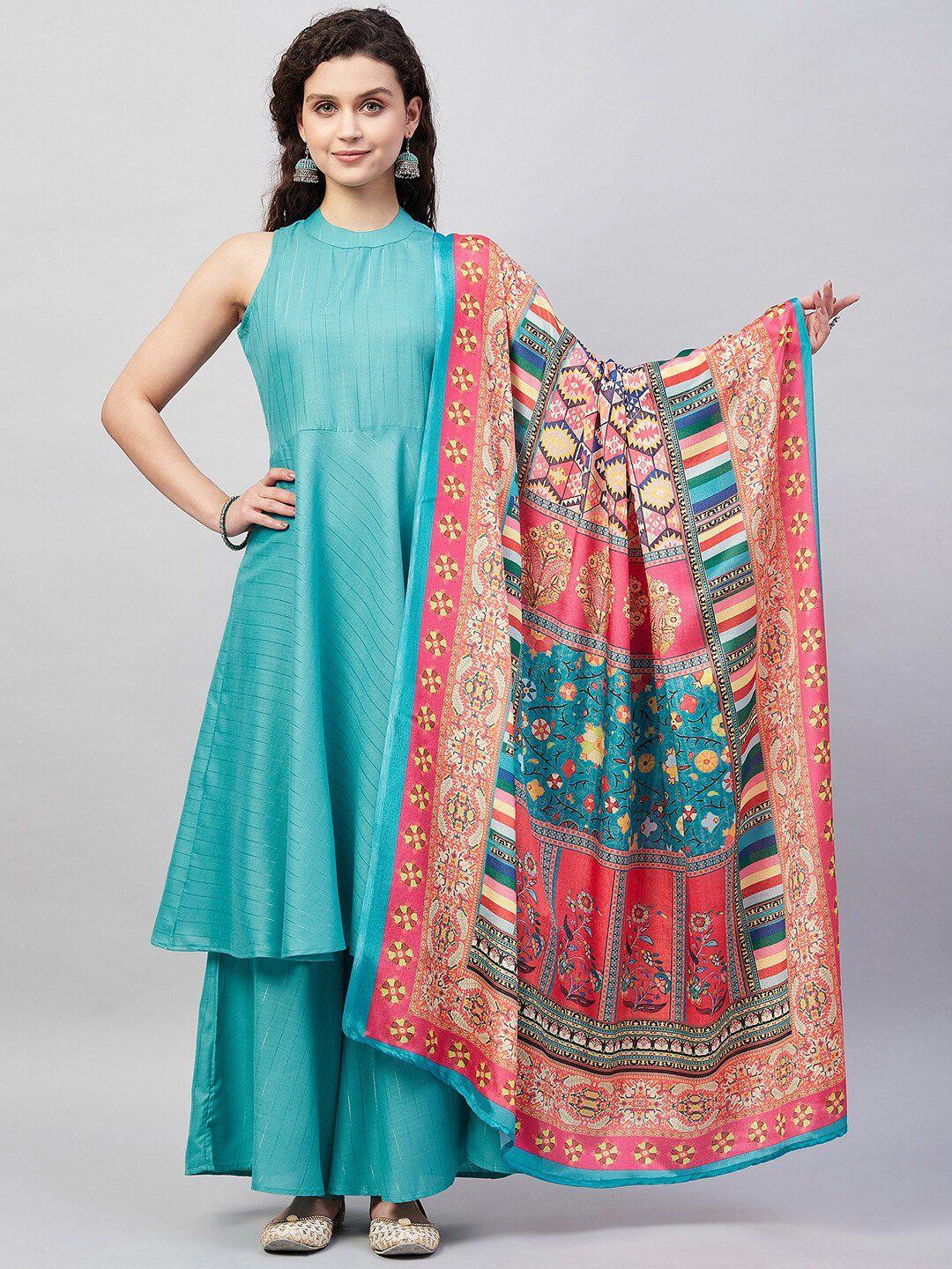 inweave teal & pink ethnic motifs printed dupatta