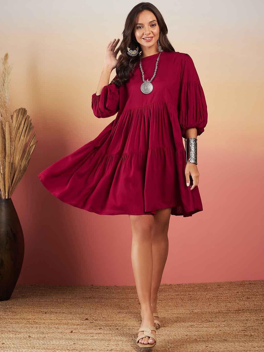 inweave tie-up neck puff sleeve empire dress