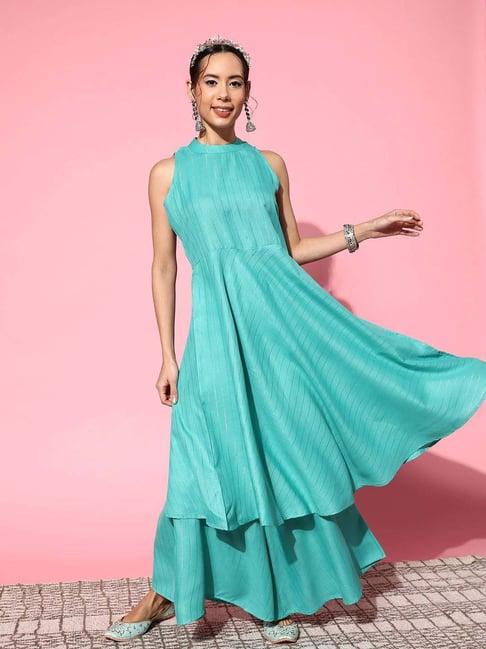 inweave turquoise striped kurta & palazzo set