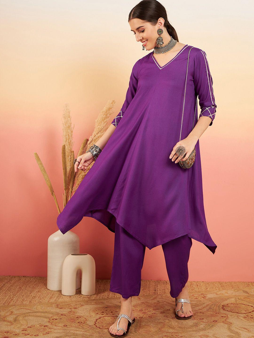 inweave v-neck asymmetric gotta patti a-line kurta with palazzos