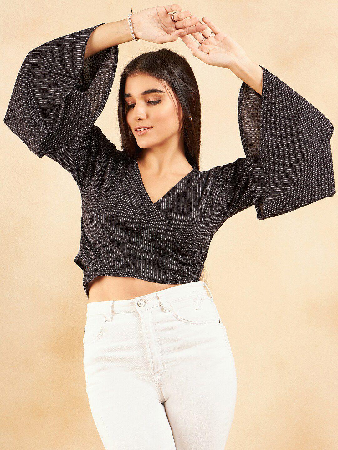 inweave v-neck flared sleeves cotton wrap crop top