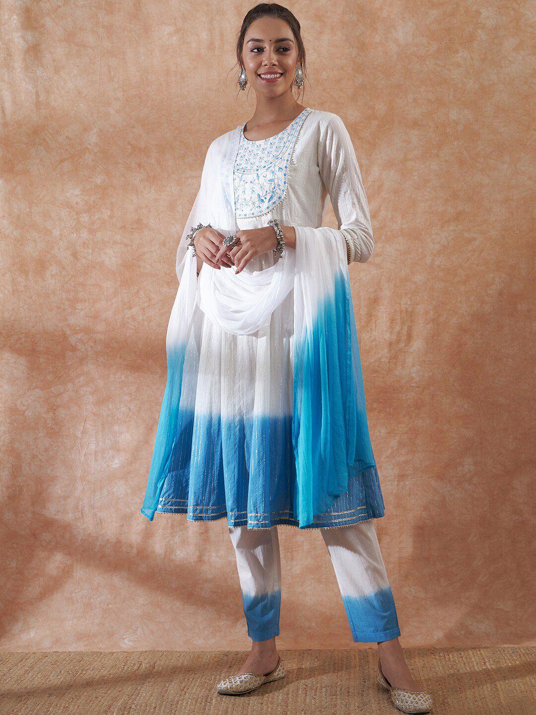 inweave white & blue ombre thread work pure cotton a- line kurta & trousers with dupatta
