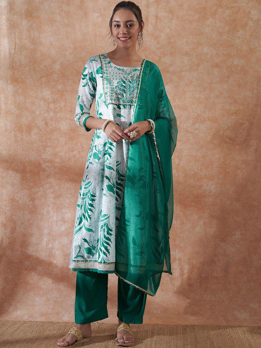 inweave white & green floral printed thread work a- line kurta & trousers with dupatta