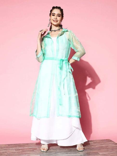 inweave white & green kurta & palazzo set with cape