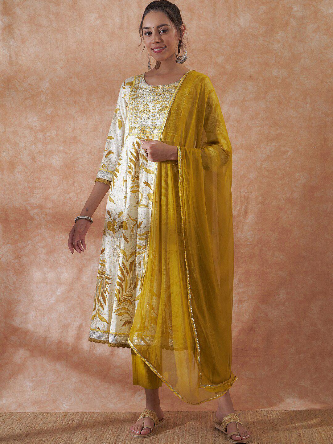 inweave white & mustard floral printed thread work a- line kurta & trousers with dupatta