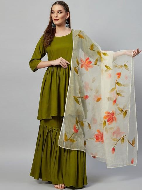 inweave white floral print dupatta