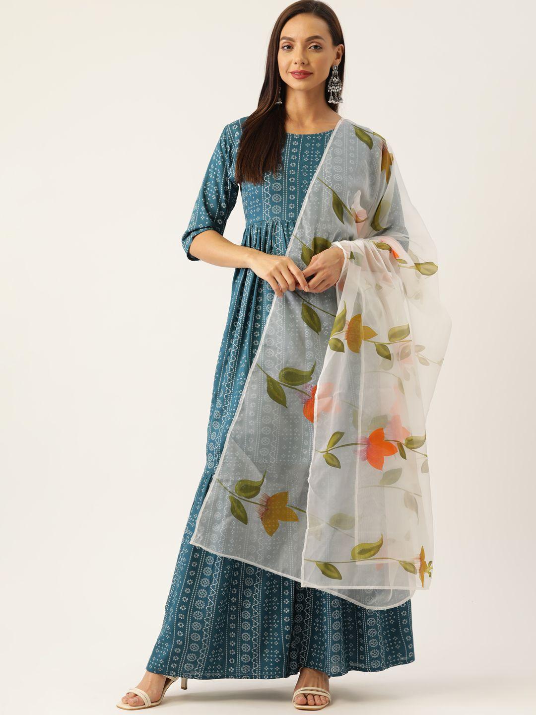 inweave women blue bandhani printed kurta with sharara & dupatta