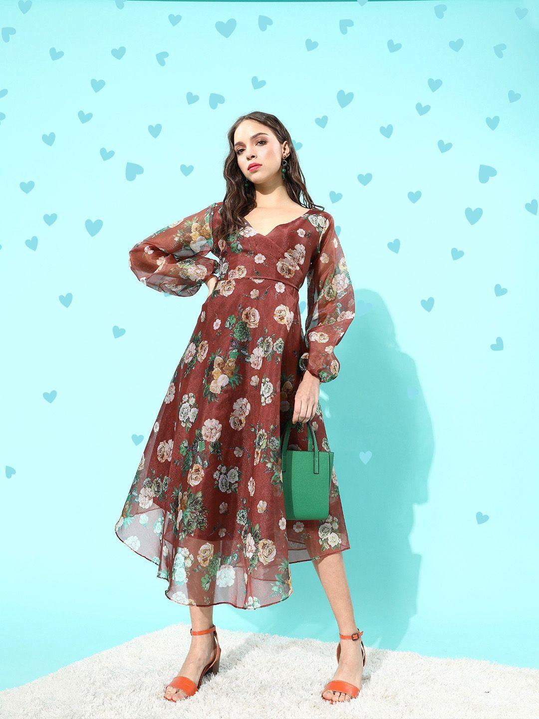 inweave women elegant rust floral puff sleeves dress