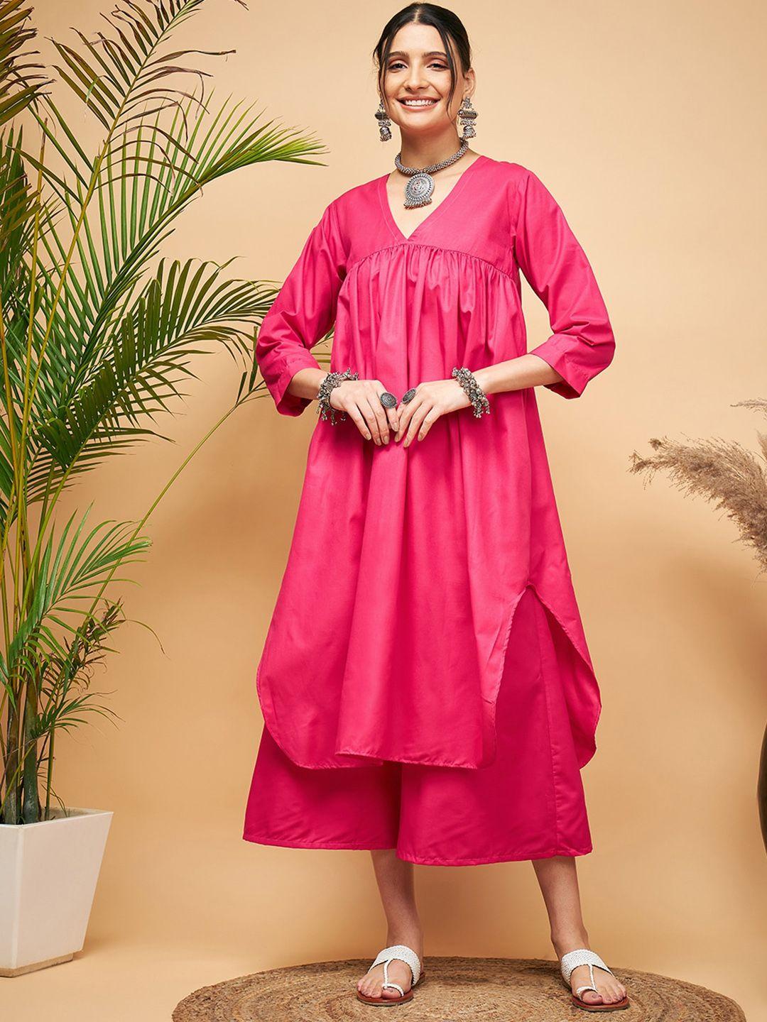 inweave women fuchsia flared sleeves thread work kurta