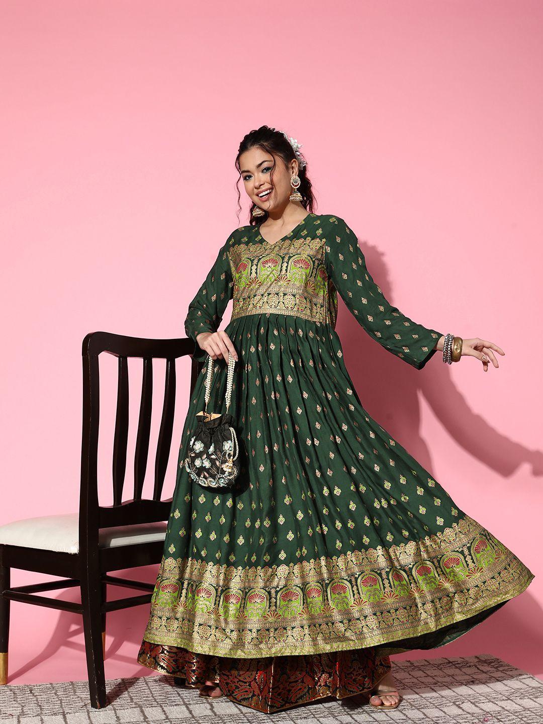 inweave women green & red ethnic motifs printed anarkali kurta