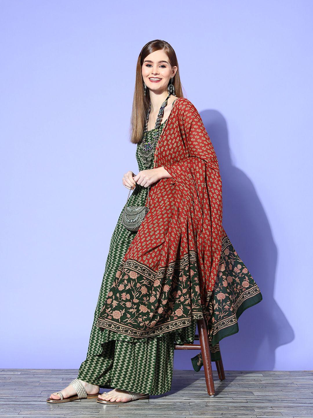 inweave women green printed kurta with palazzos & with dupatta