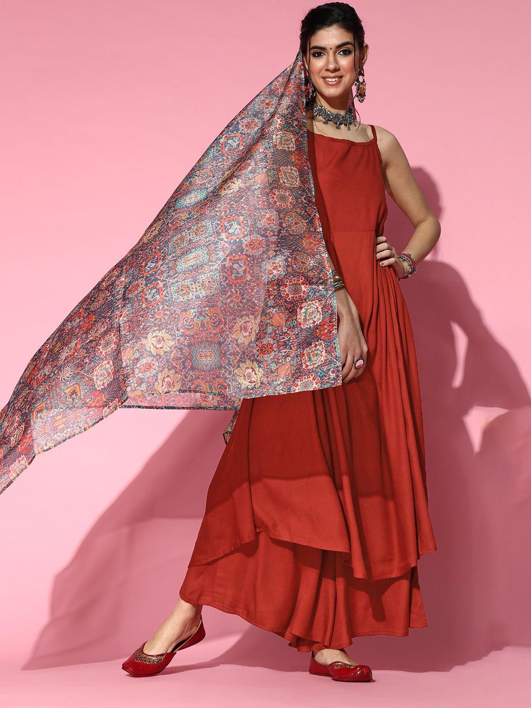 inweave women maroon solid kurta with palazzos & ethnic motif print dupatta