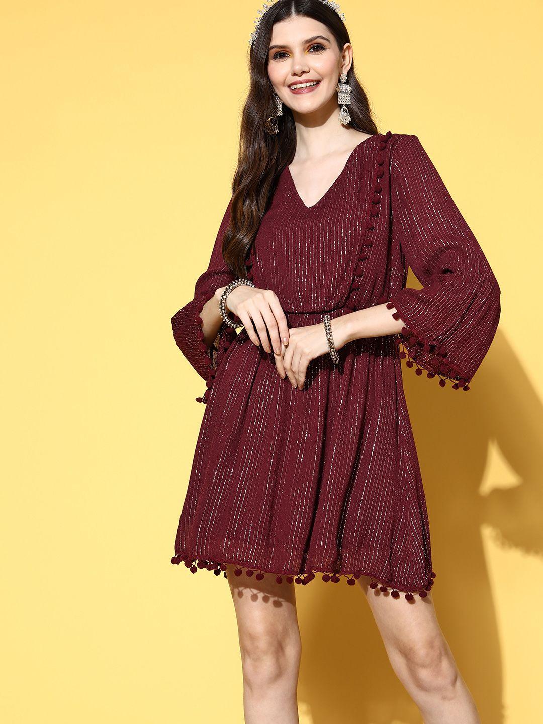 inweave women maroon striped shimmer & sequin dress