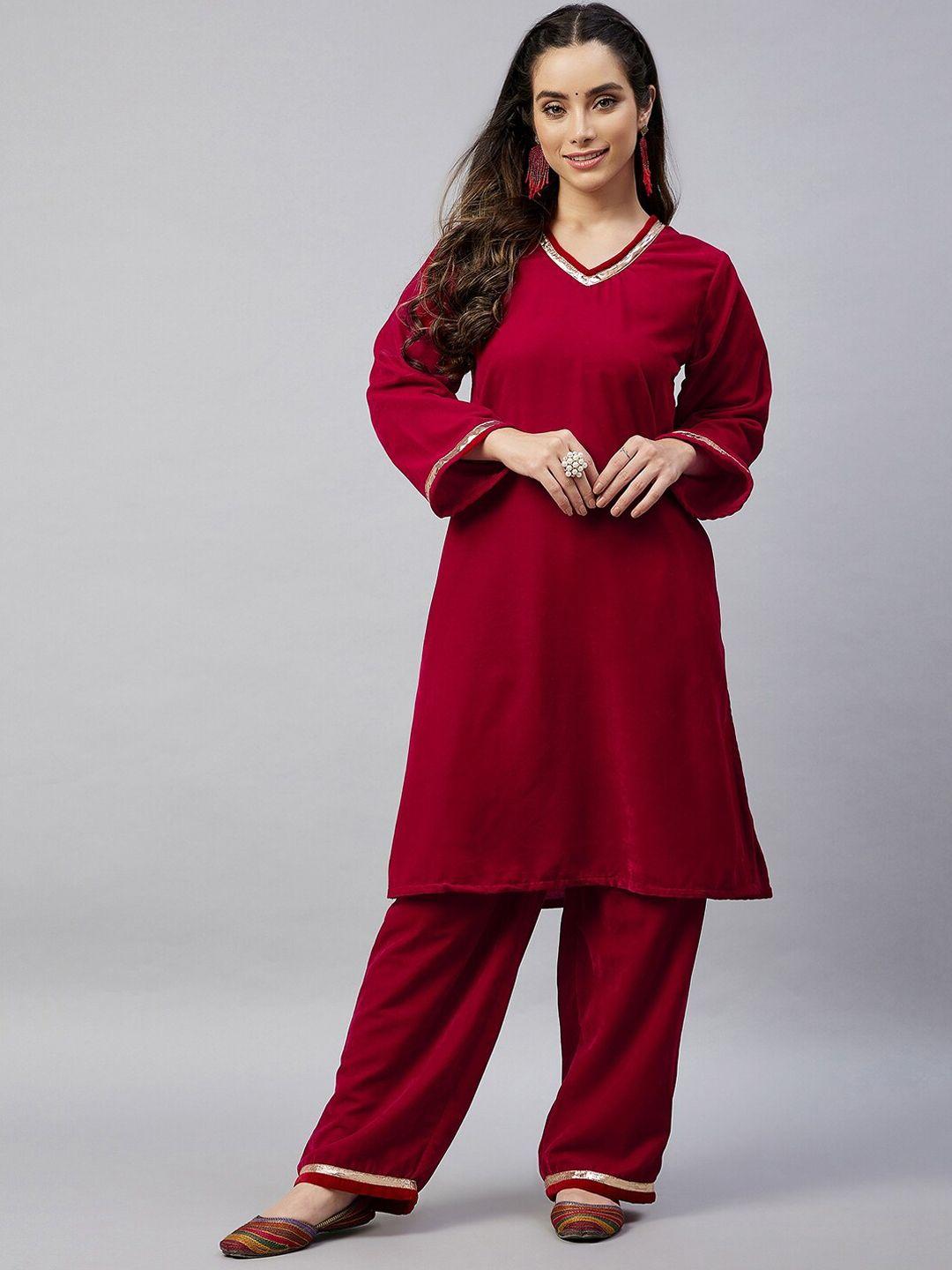 inweave women maroon velvet kurta with palazzos