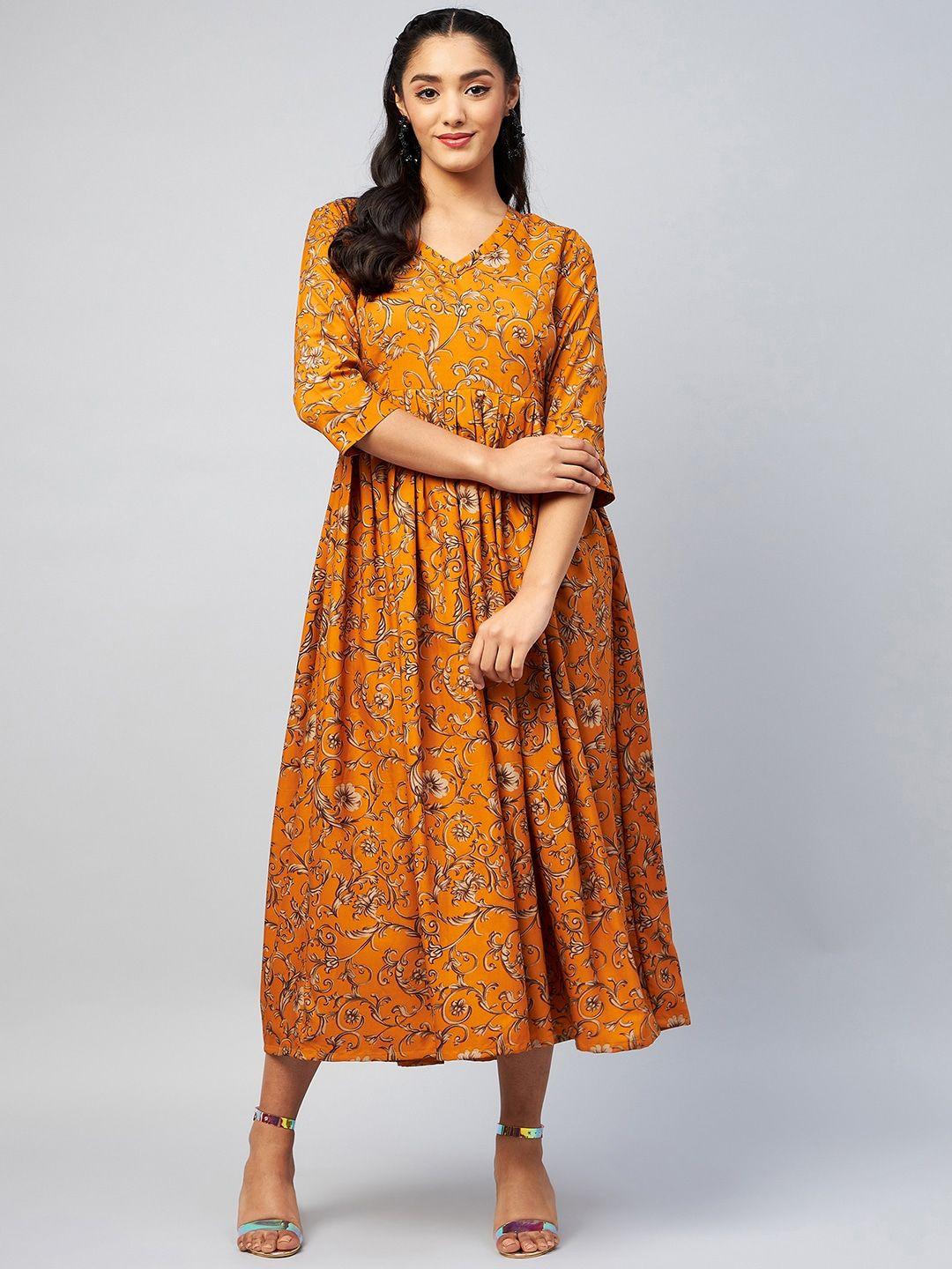 inweave women mustard yellow paisley printed flared sleeves thread work crepe anarkali kurta