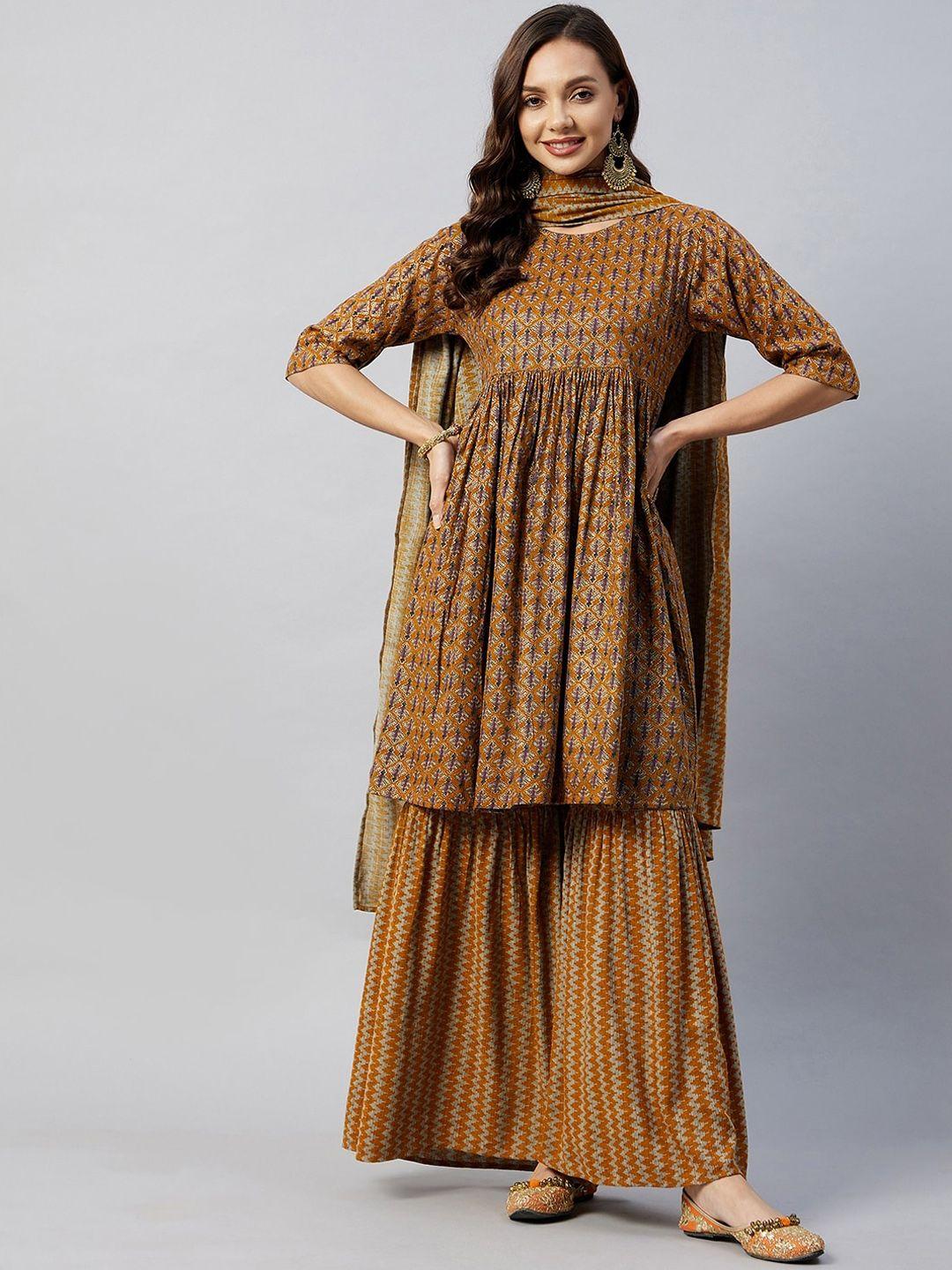 inweave women mustard yellow printed kurta with sharara & dupatta