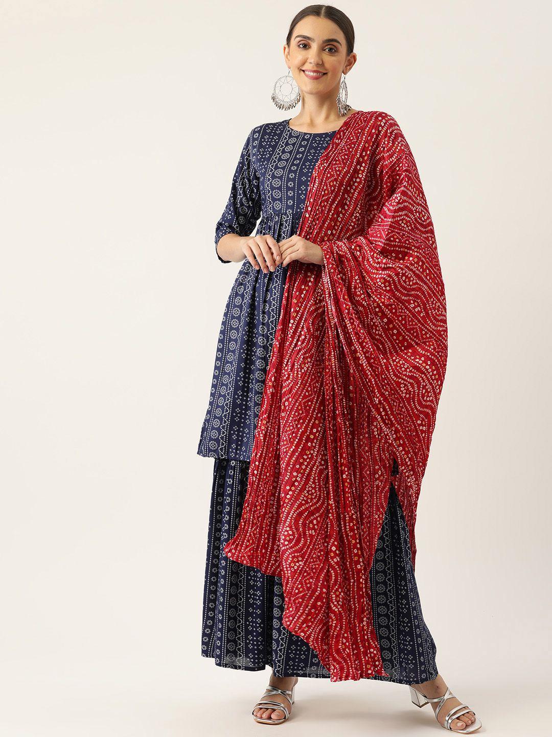 inweave women navy blue bandhani printed kurta with sharara & dupatta