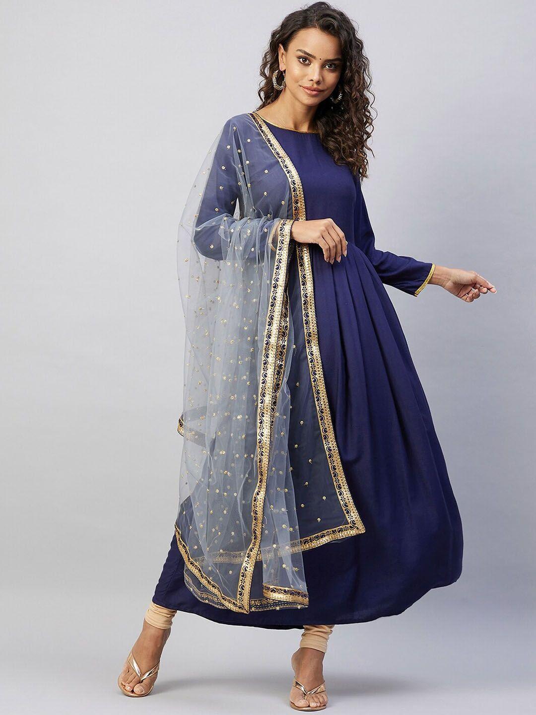 inweave women navy blue ethnic motifs printed kurta with dupatta