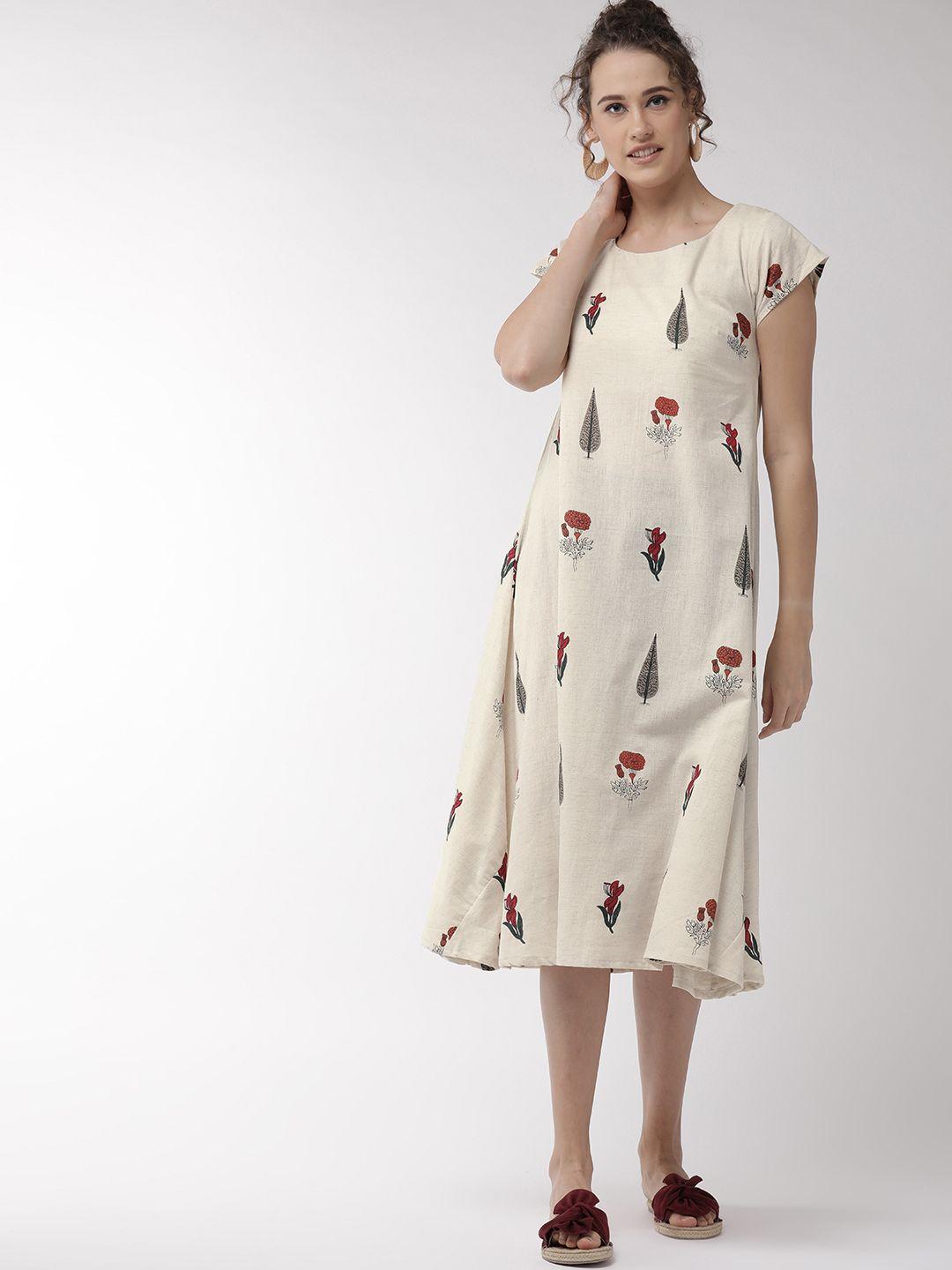 inweave women off-white & red floral print a-line dress