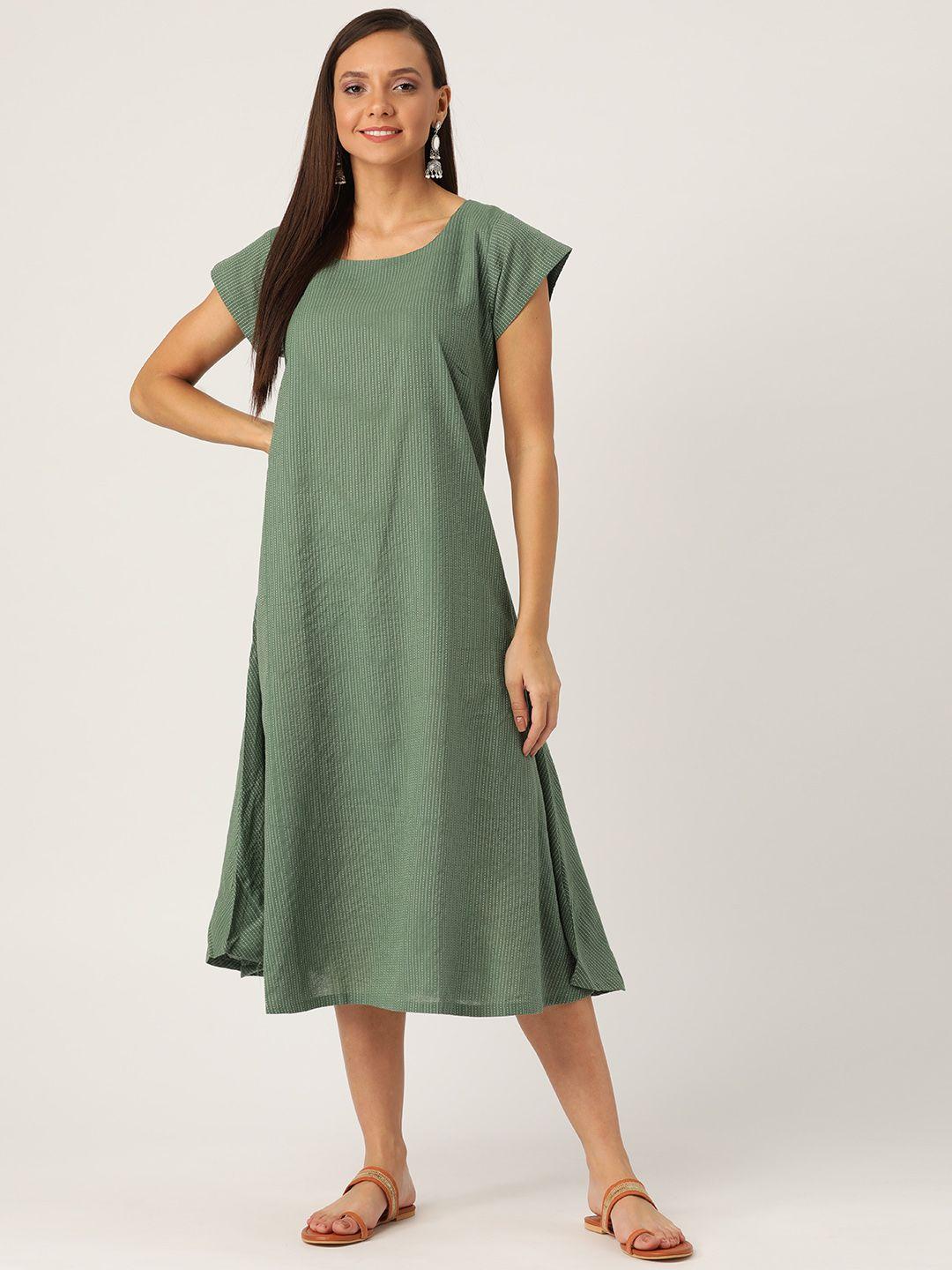 inweave women olive green & white kantha self-striped a-line dress