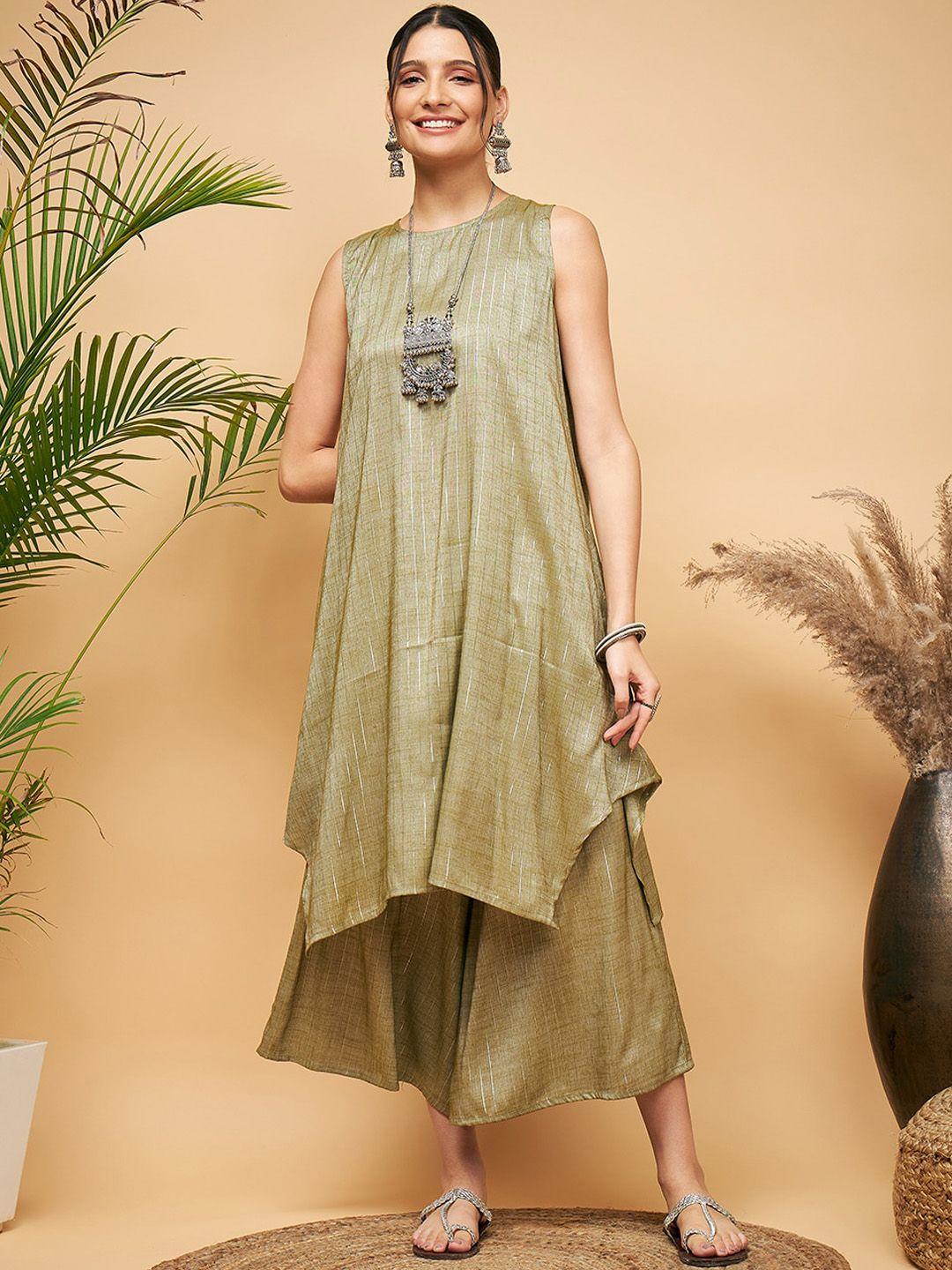inweave women olive green ethnic motifs printed keyhole neck thread work kurta