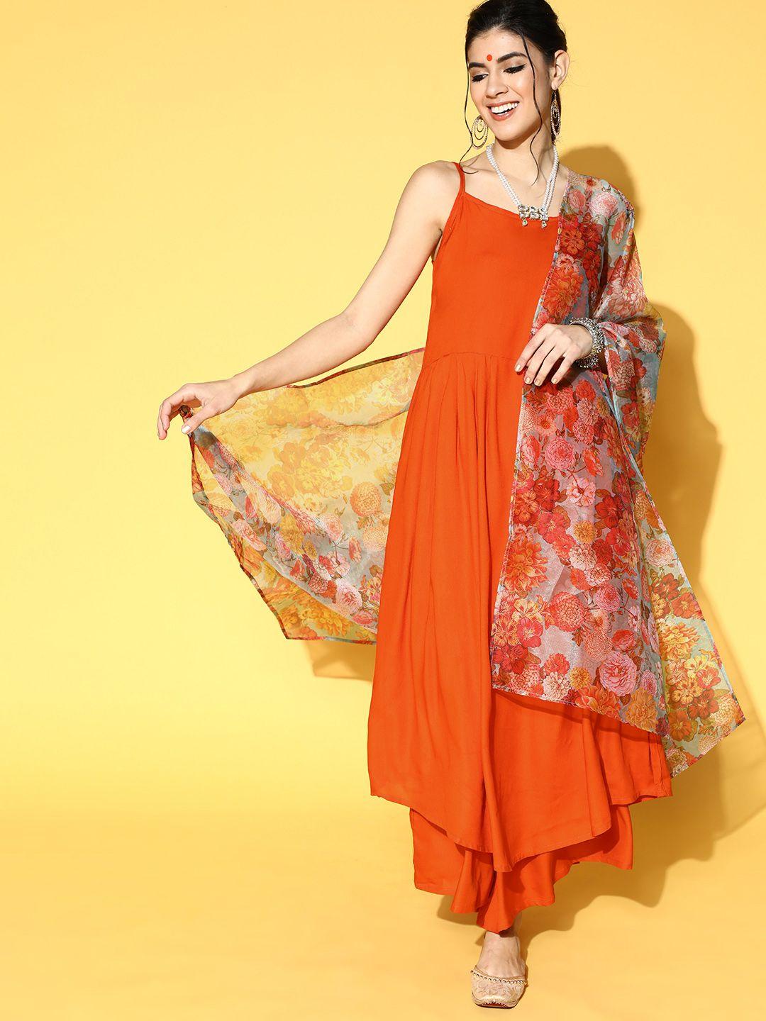 inweave women orange solid kurta with palazzos & floral print dupatta