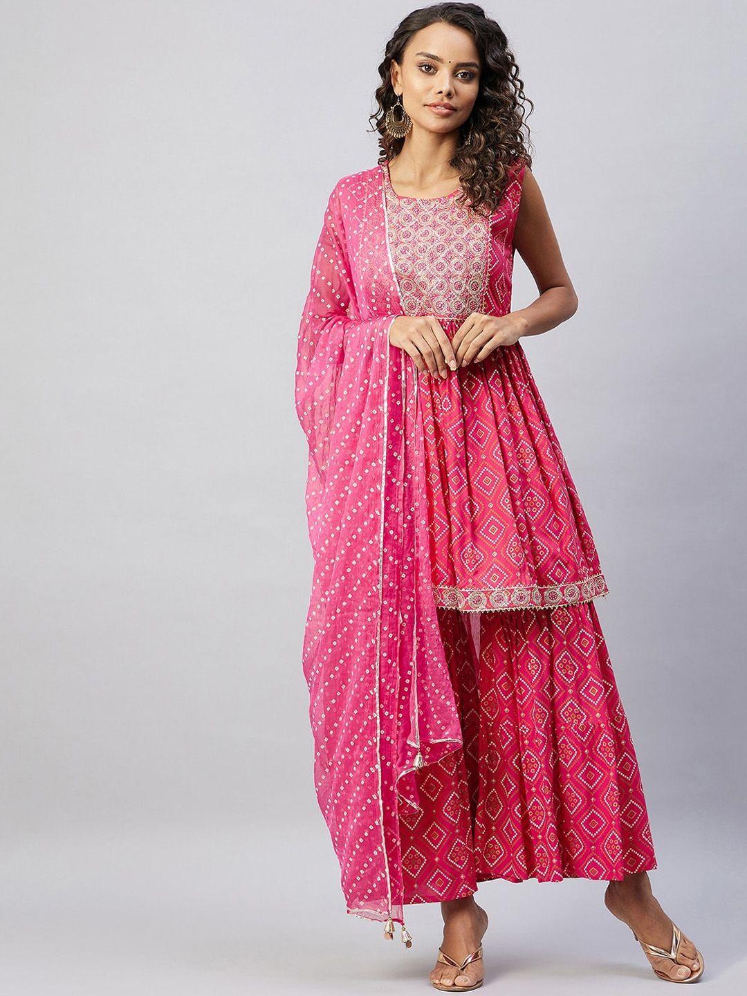 inweave women pink bandhani printed mirror work kurta with sharara & with dupatta