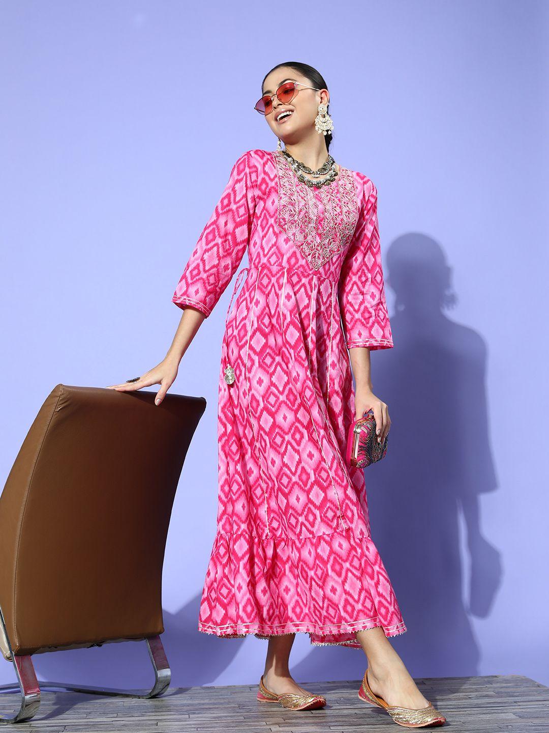 inweave women pretty pink cotton fluid tie-up ethnic dress