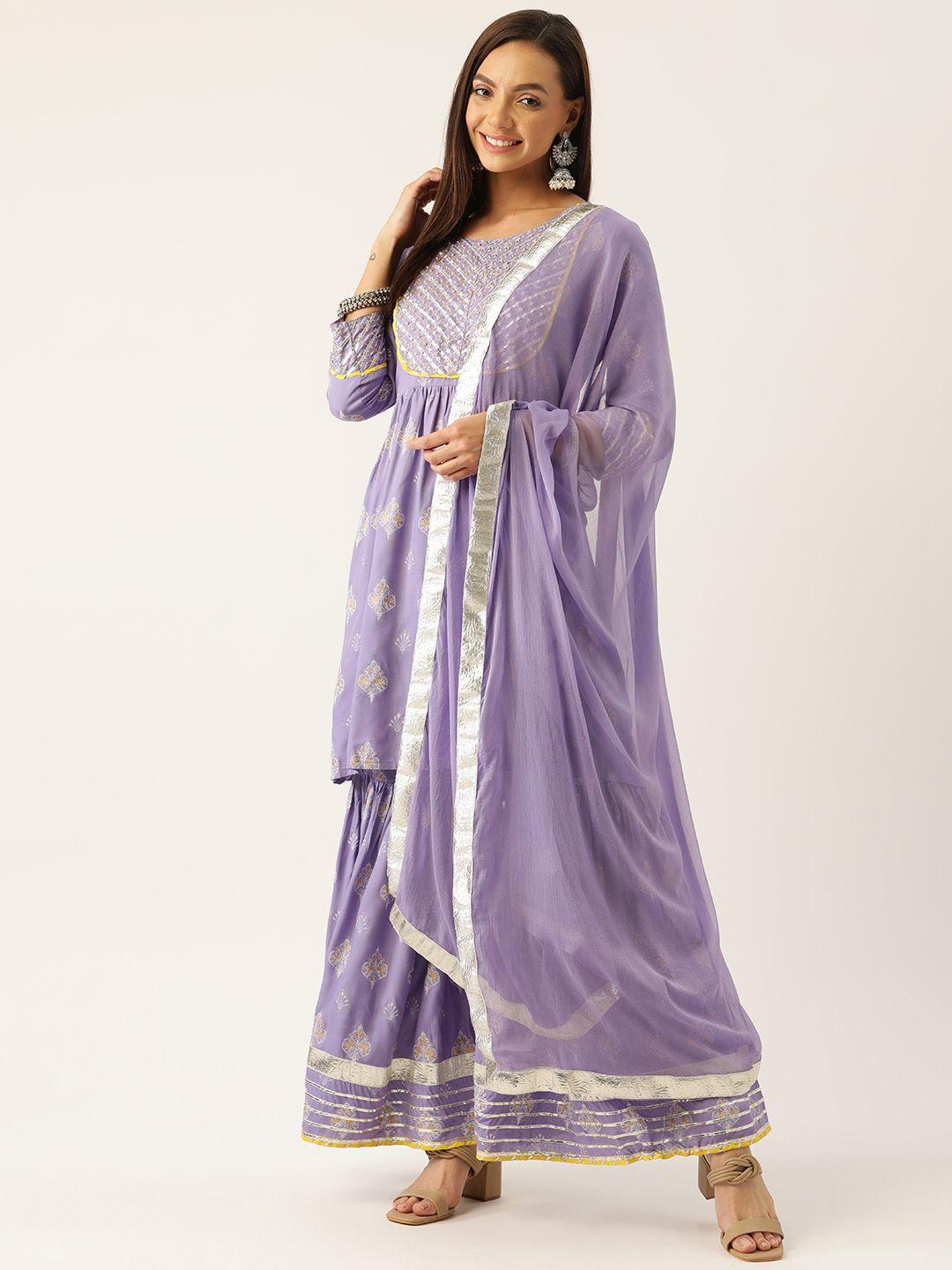 inweave women purple ethnic motifs printed empire gotta patti kurta with palazzos & with dupatta