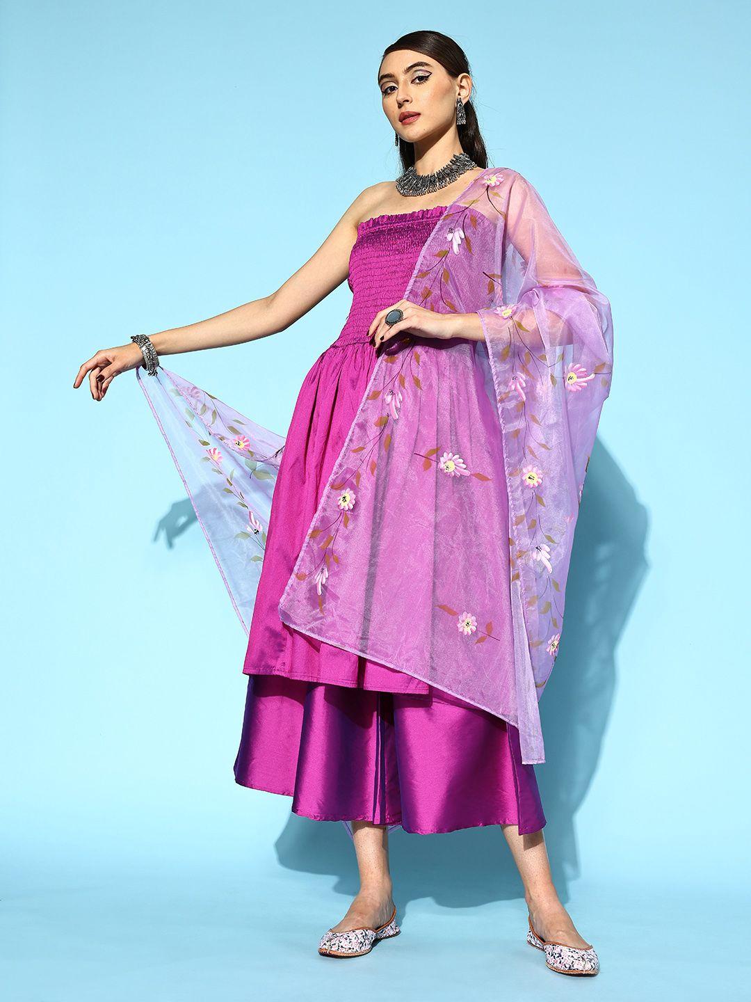 inweave women purple panelled strapless kurta with palazzos & dupatta