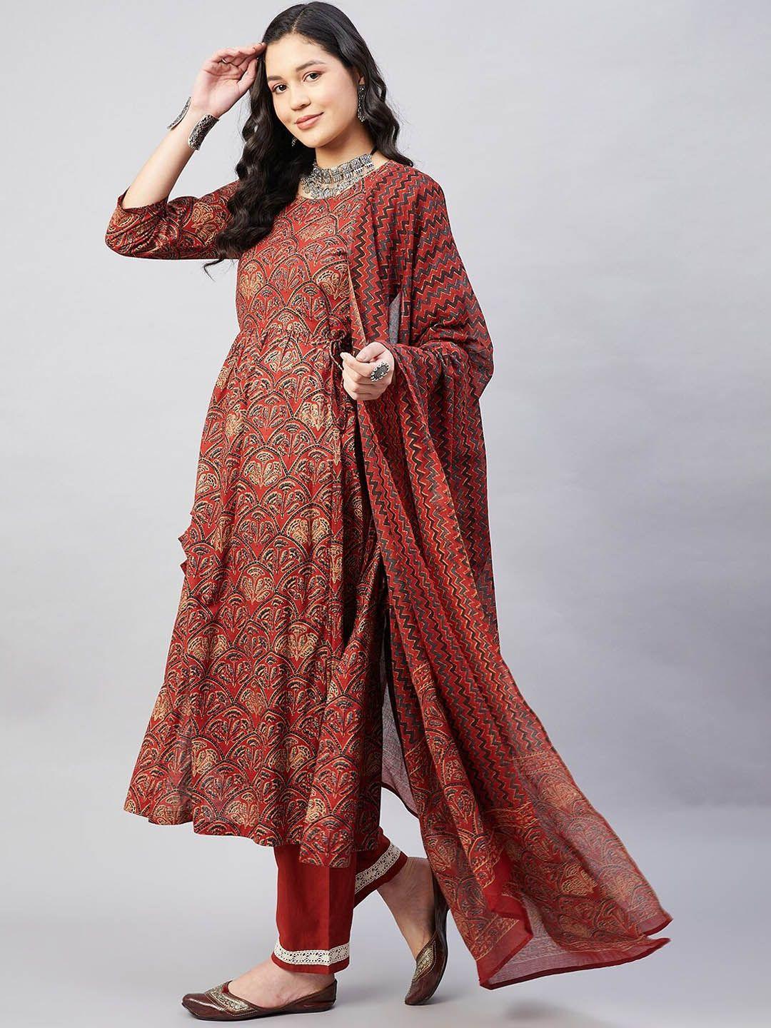 inweave women rust ethnic motifs printed pure cotton kurta with trousers & with dupatta