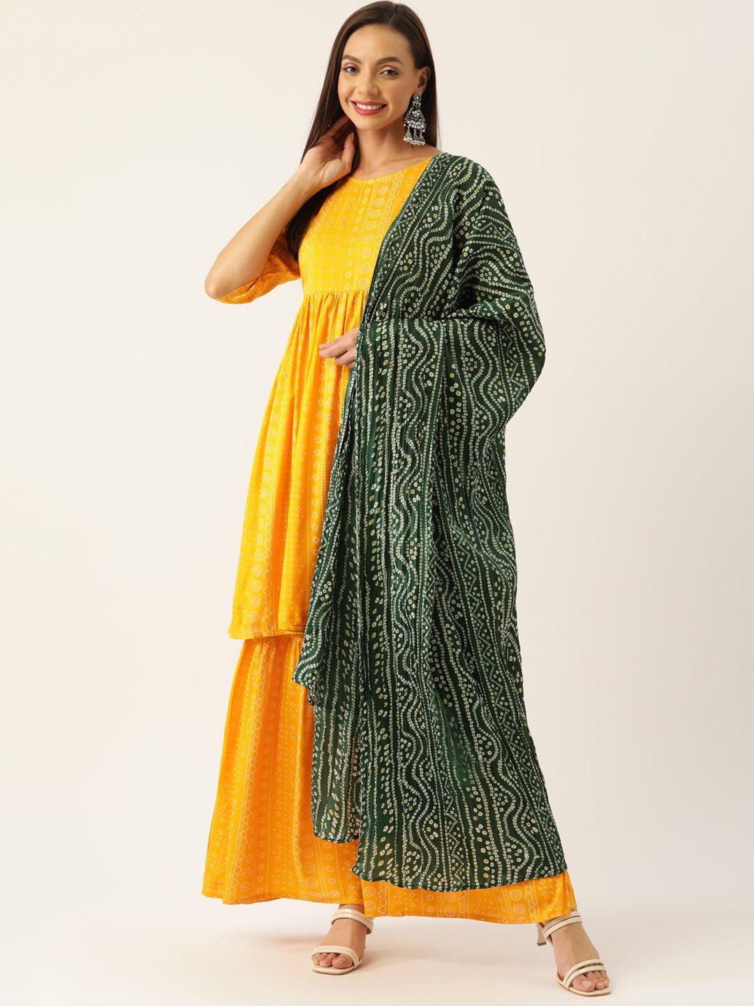 inweave women yellow bandhani printed kurta with sharara & dupatta