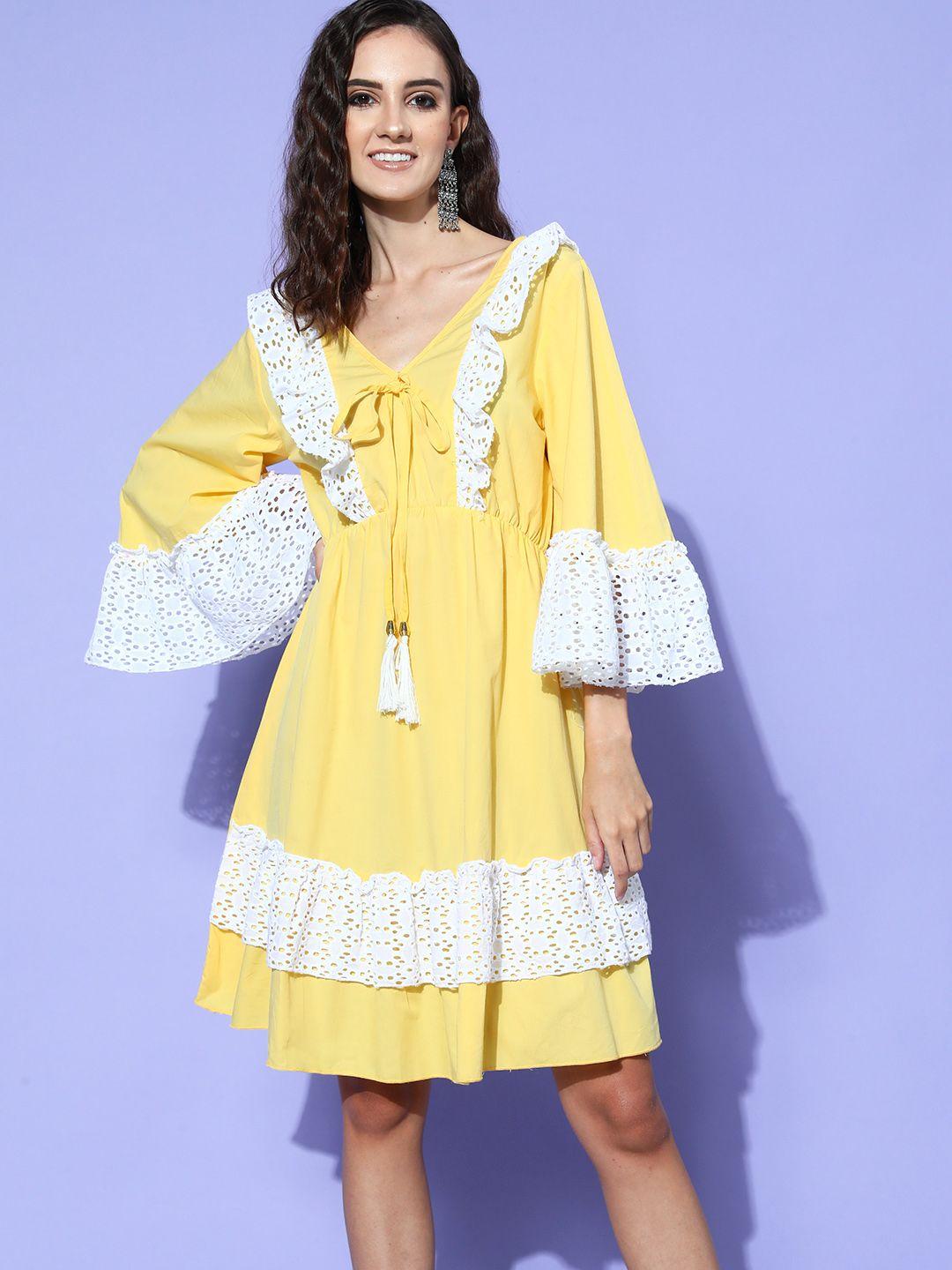 inweave women yellow solid craftcore dress