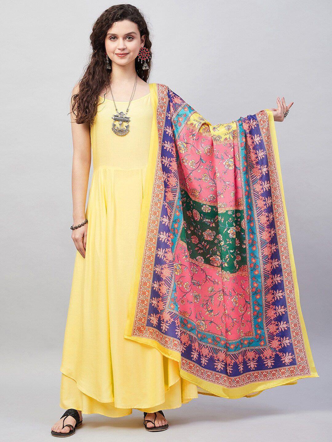 inweave yellow & blue ethnic motifs printed dupatta