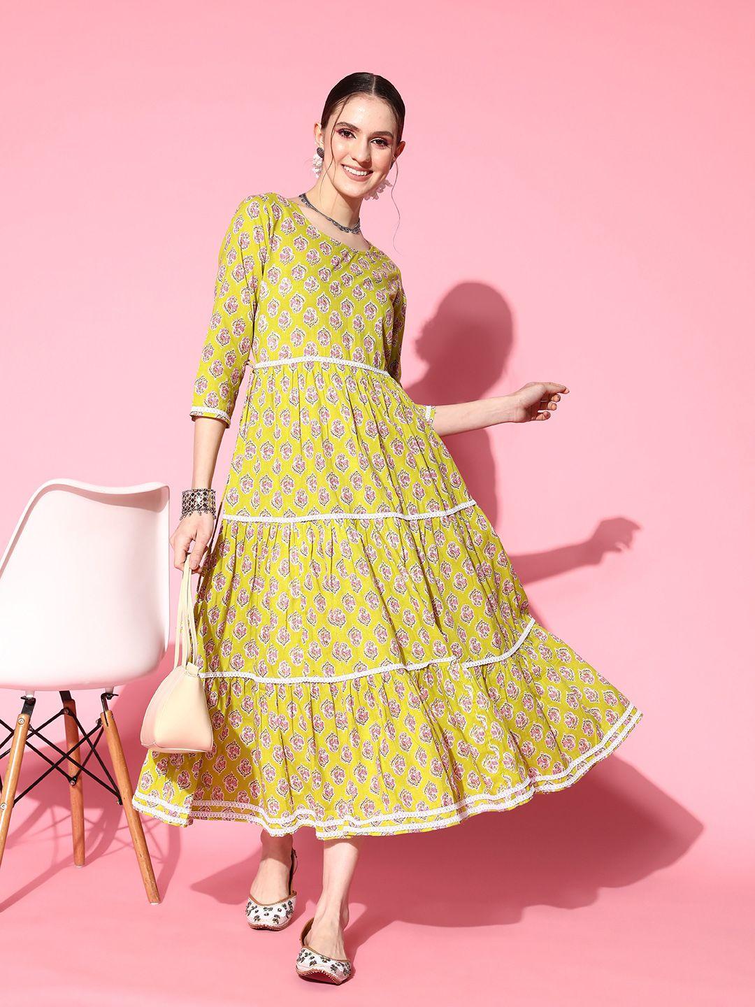 inweave yellow & pink ethnic motifs tiered maxi ethnic dress with tie-up detail