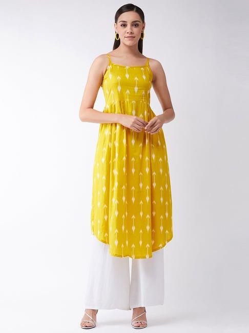 inweave yellow cotton printed a line kurta