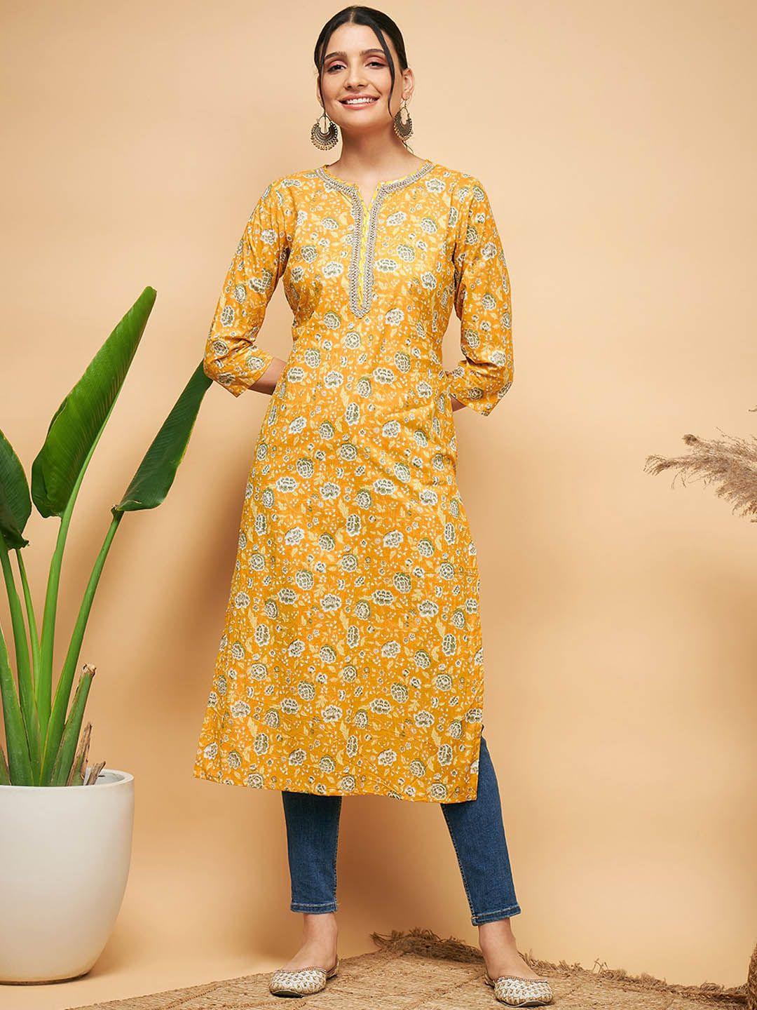 inweave yellow floral printed cotton kurta