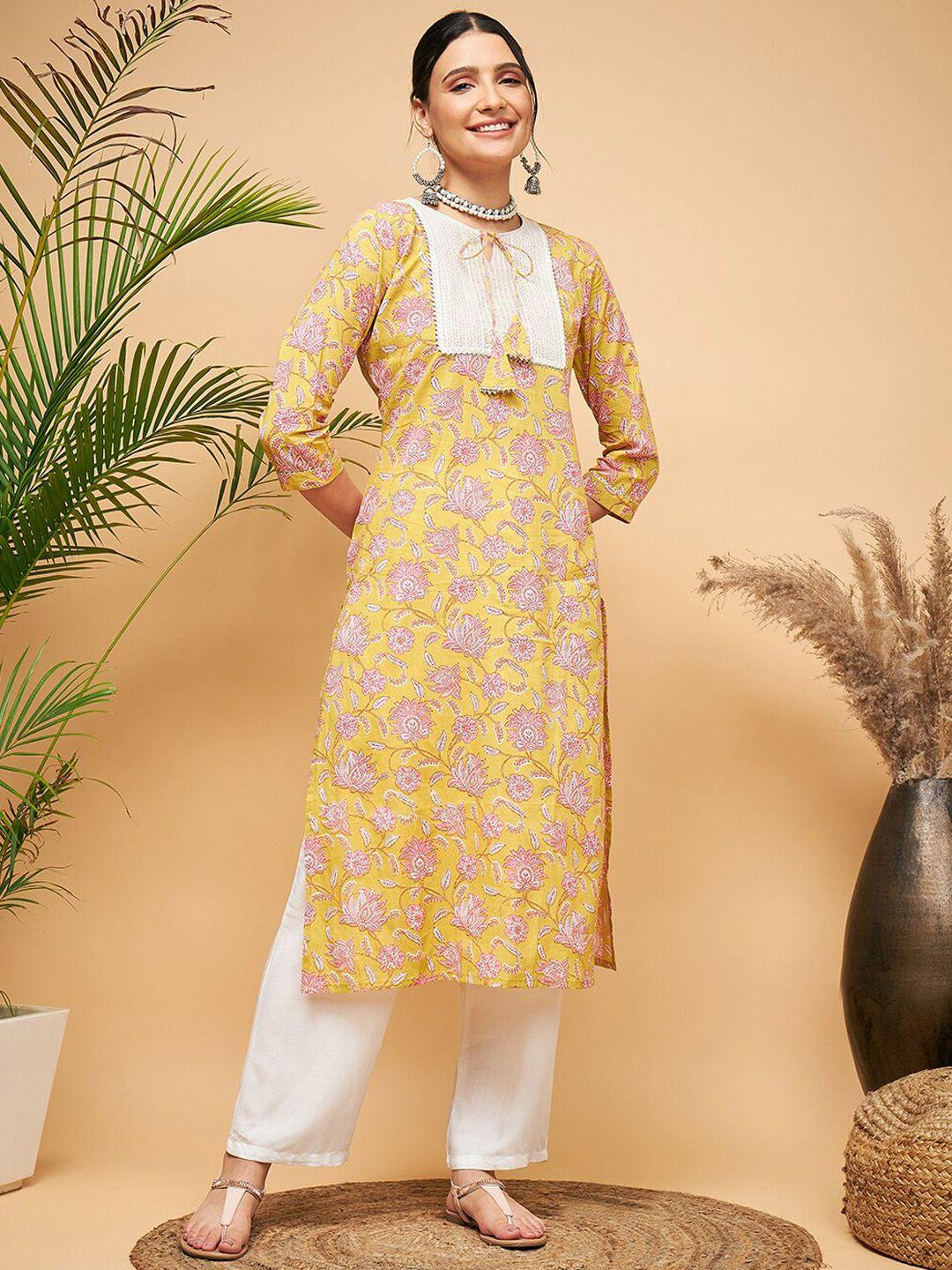 inweave yellow floral printed thread work cotton kurta