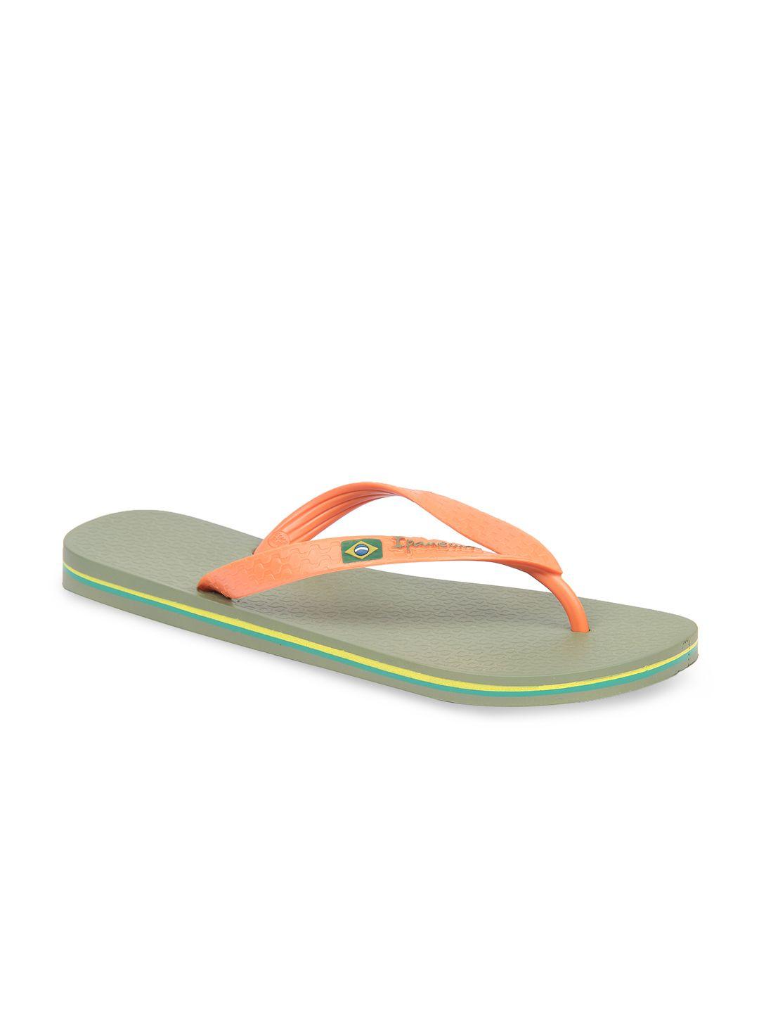 ipanema men orange & olive green solid thong flip-flops