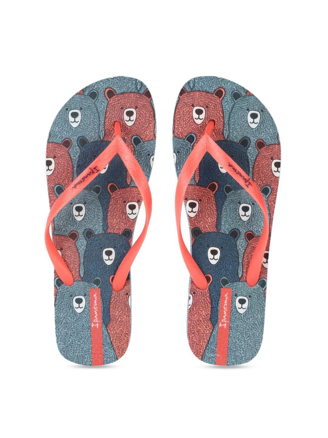 ipanema women coral orange & navy blue printed thong flip-flops