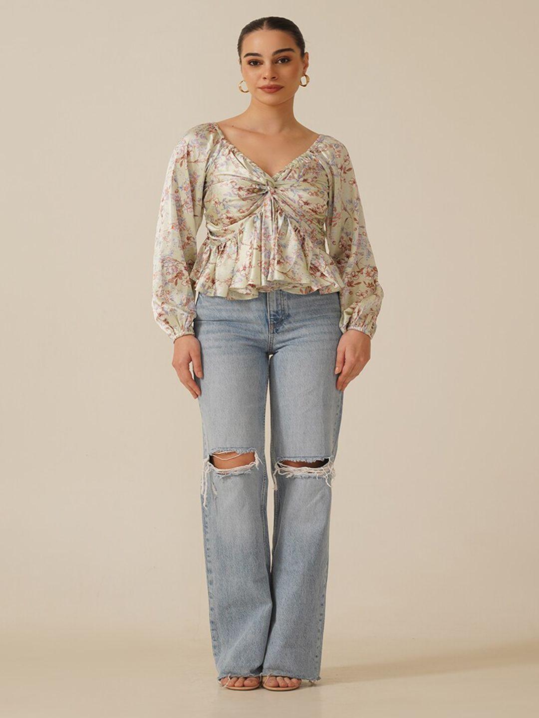 ipso facto floral printed puff sleeves satin top