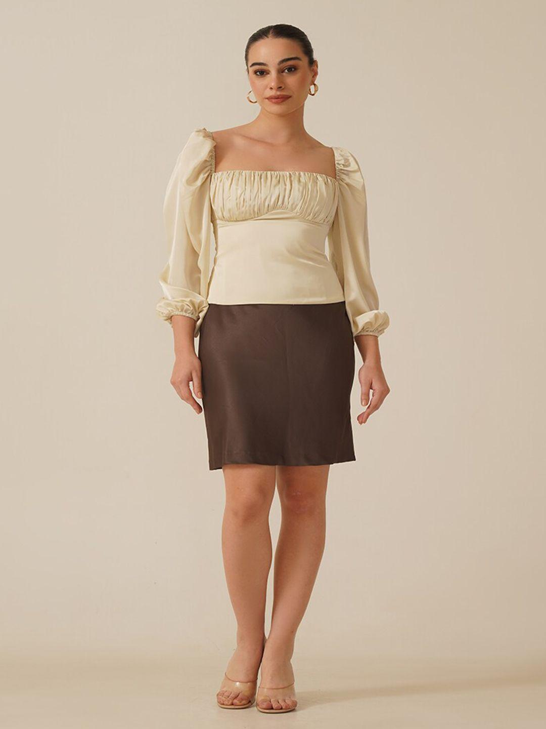 ipso facto square neck puff sleeves pleated satin top