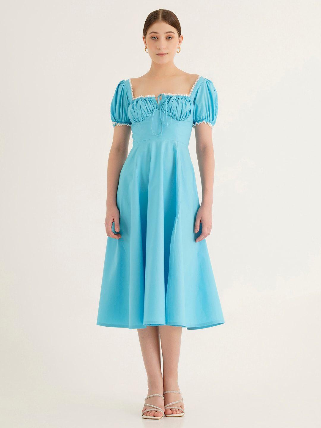 ipso tie-up neck puff sleeve gathered detail cotton fit & flare dress