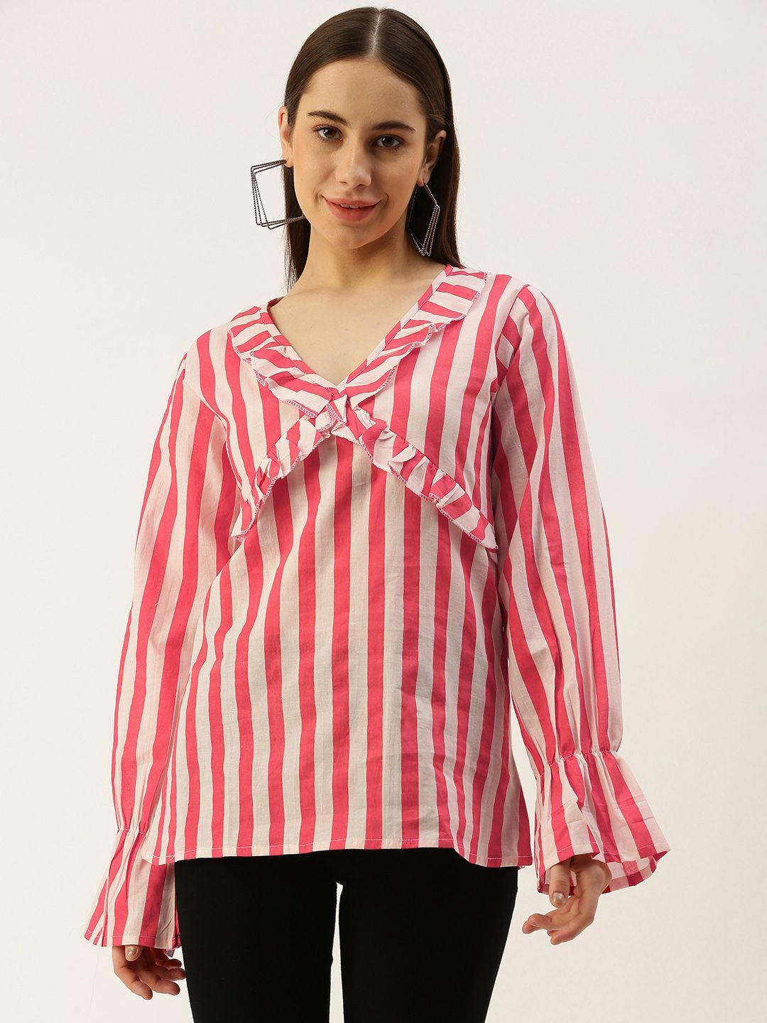 iqraar pure cotton striped v-neck top with ruffle detail