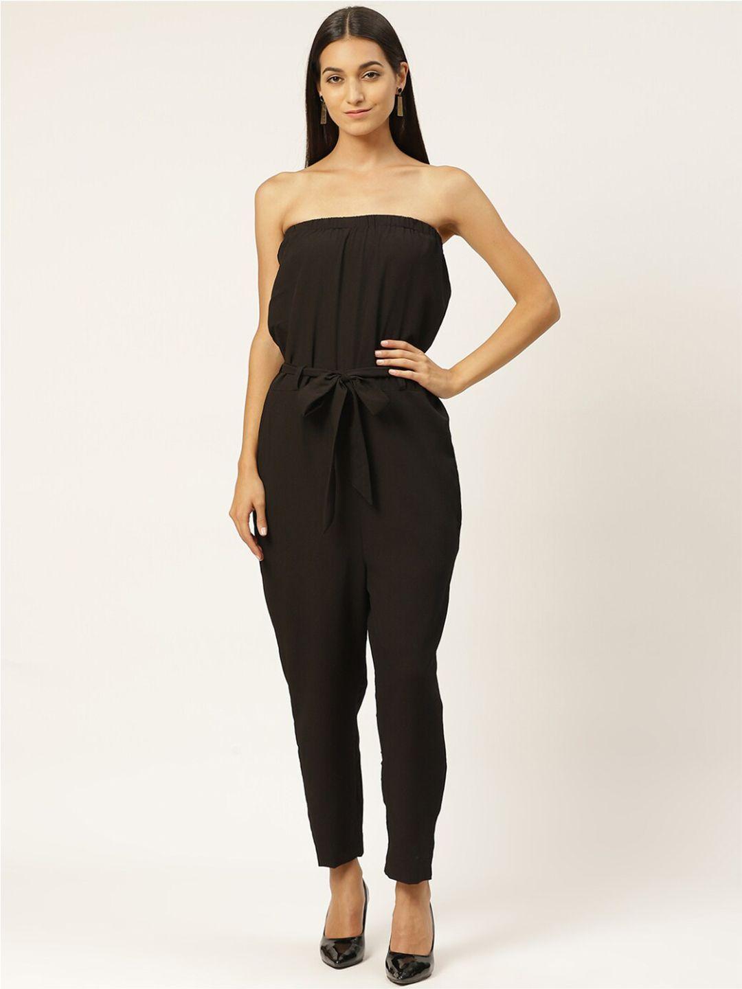 iqraar black strapless belted basic jumpsuit