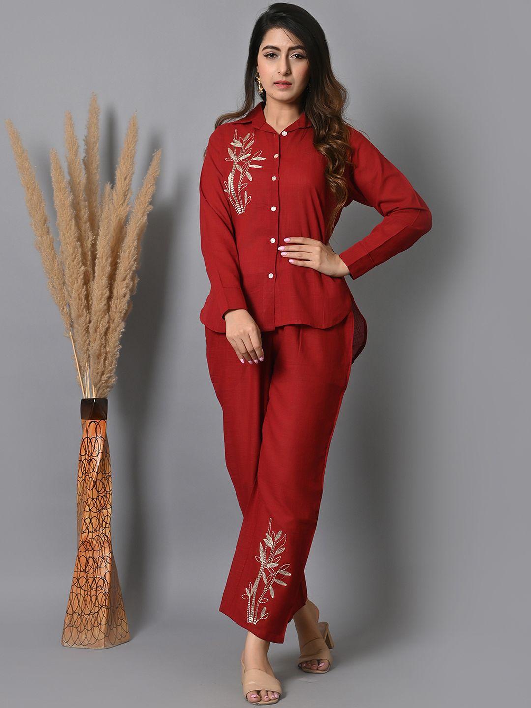 iqraar floral embroidered cuffed sleeves high low shirt & trouser